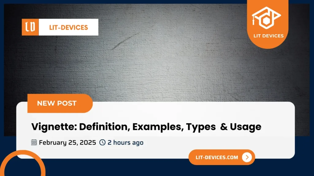 Blog header image for Vignette: Definition, Examples, Types & Usage, posted February 25, 2025, 2 hours ago on lit-devices.com. Features a textured gray background with orange and white accents highlighting the New Post label.